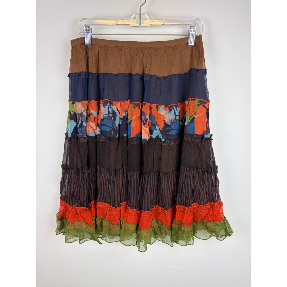 BCBG MAXAZRIA Silk Tiered Ruffle Midi Skirt XS Brown Boho Earth Fairy Goblincore